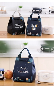 Close-up of thick insulated lunch bags with cute animal prints and sturdy handles