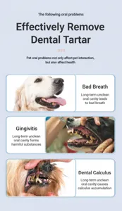 Detail view showing pet dental wipes effectiveness on bad breath, plaque, and tartar