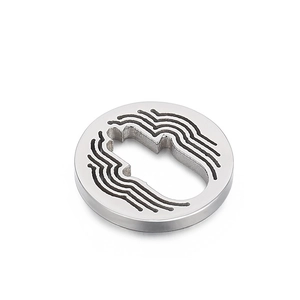 Silver stainless steel round pendant featuring a ripple pattern and hand-shaped cutout