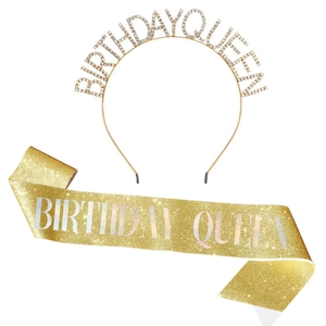 Detailed view of golden Birthday Queen rhinestone headband and glitter sash set