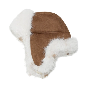 Detailed texture of thick faux fox fur lining and brown suede shell on winter trapper hat