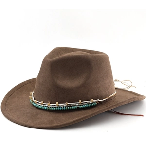 Western Cowboy Fedora Hat Faux Suede Wide Brim With Ethnic Beaded Band For Men Women Jazz Style