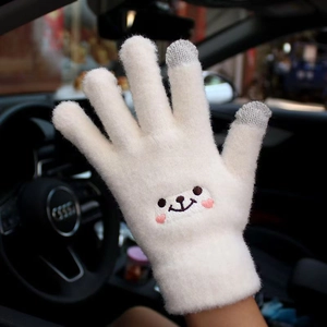 Winter plush touchscreen gloves in beige with a cute embroidered bear face for women