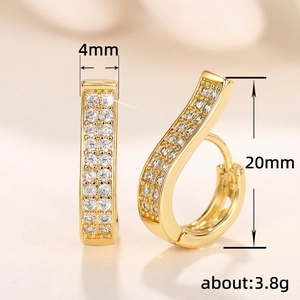 Modern gold plated J-shaped hoop earrings with 4mm width inlaid with white zircon pavé