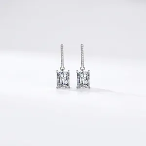Elegant rectangle cubic zirconia drop earrings in silver plated copper 26mm