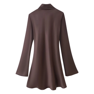 Detailed back view of a chocolate brown silk satin long sleeve high neck dress