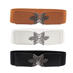 Elastic wide waist belts with gold leaf metal buckle in black, white, and brown colors