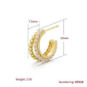 Elegant 18K gold plated C-shaped earrings with double-layered pearls measuring 18mm