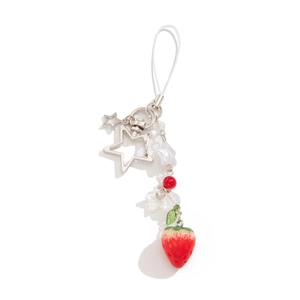 Portachiavi con fragola e perle a tulipano, ciondolo rosso e cinturino in corda intrecciata