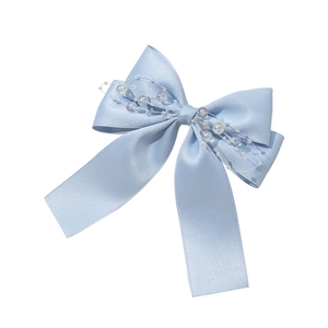 Elegant light blue satin bow hair clip with pearlescent beads and floral wire details