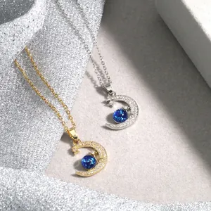 Celestial moon and planet pendant necklace with zircon crystals in gold and silver finish