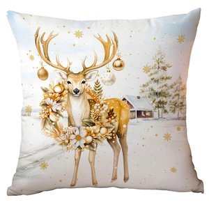 Detailed watercolor stag print on white festive pillow cover with winter woodland scene