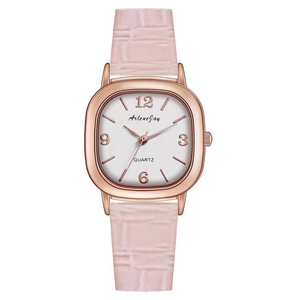 Elegant rose gold square quartz watch with a white dial and pink faux-leather strap