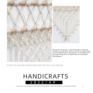 Detail of bohemian macramé wall hanging featuring handmade cotton weaving and wooden beads