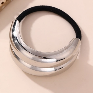 Close-up of minimalist black elastic hair tie with polished silver double-arc metal buckle