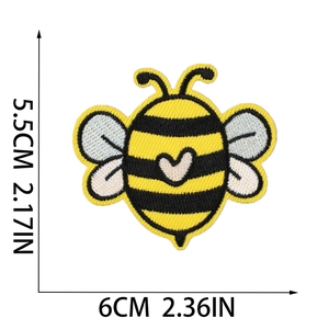 Detail showing cartoon bee embroidery patch dimensions 5.5cm x 6cm with heart motif