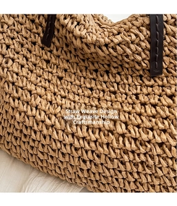 Close-up of intricate hollow weave texture on dark brown straw tote with leather strap detail