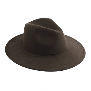 Detail view of smooth wool felt fedora with a flat brim and precise edge stitching