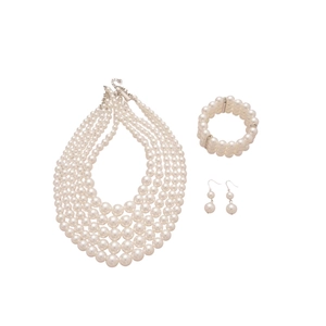 Elegant multi-layer pearl necklace bracelet and earrings set with diamond-encrusted knot clasp