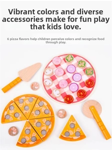 Detailed overhead view of a wooden play pizza set with colorful toppings and cutting tools
