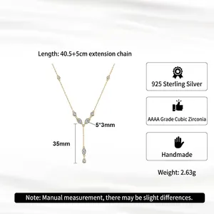 Elegant 925 sterling silver gold lariat necklace with AAA zircon water drop pendant