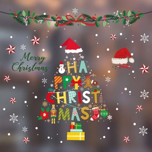 Christmas tree window cling with Santa motifs and Merry Christmas text for holiday decor