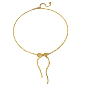 Minimalist gold stainless steel flat snake chain bracelet with a central bow design