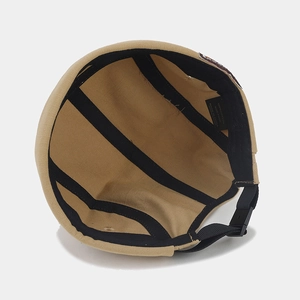 Khaki cotton docker cap with six-panel construction and adjustable buckle strap