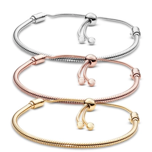 Adjustable snake chain bracelets in silver, rose gold, and gold with sliding beads