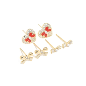 Three-pair S925 silver needle earring set featuring red hearts and bowknot designs