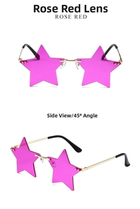 Frameless star shaped sunglasses with rose red lenses and gold metal frame temples