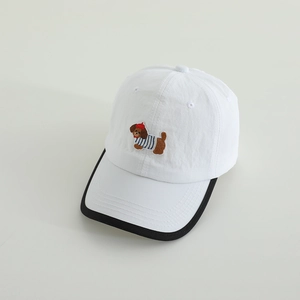 Breathable white kids baseball cap with cartoon dog embroidery and black brim detail