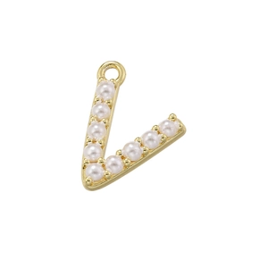 Detail of 18K gold-plated letter V pendant with white faux pearls on white background