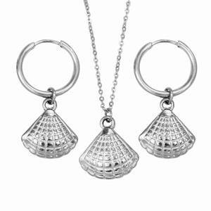 Parure collier et boucles d'oreilles créoles avec pendentif coquillage en argent