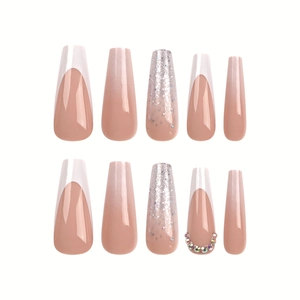 French tip coffin nails with glitter gradient and colorful rhinestones on nude pink base