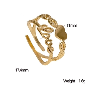 Detail view of gold heart Love ring showing 17.4mm size and 1.6g weight specs