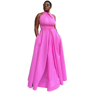 Pink halter neck maxi dress with exaggerated collar and flared waistline for women