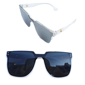 Avant-garde oversized one-piece shield sunglasses with clear frames and dark lenses