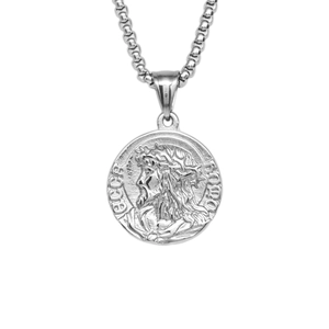 Vintage stainless steel necklace with silver round pendant featuring Ecce Homo portrait