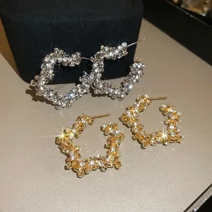 Vintage Luxury Geometric C-Shape Hoop Earrings With 925 Sterling Silver Earring Post Copper Rhinestone For Women