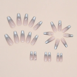 Silver gradient French ballerina press-on nails with butterfly charms and rhinestones