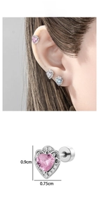 Detail view of heart-shaped zircon ear studs with 0.9cm height and screw flat back design
