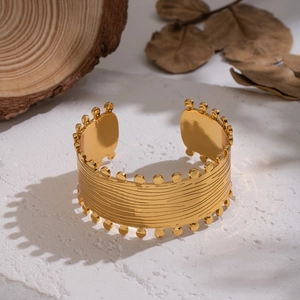 Vintage 18K gold plated stainless steel wide open cuff bracelet with wavy texture