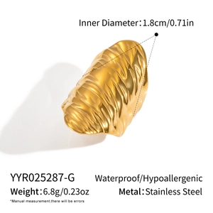 Detail of golden waterproof stainless steel ring with unique textured design dimensions