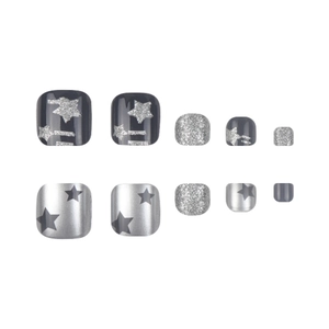 Star pattern glitter press-on toe nails in silver and grey for stylish women's pedicure