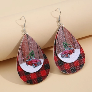 Christmas leather teardrop earrings featuring red plaid and vintage truck with tree patterns