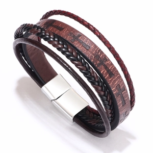 Men's brown leather braided bracelet with cross pattern and magnetic clasp