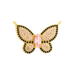 Macro shot of 18K gold-plated butterfly pendant with pink marquise and black gemstones