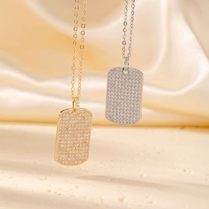 Luxurious rectangular military pendant necklace with pavé cubic zirconia in gold and silver
