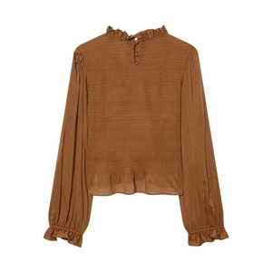 Brown long-sleeve smocked blouse for women featuring elegant ruffled high neck and cuffs